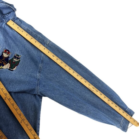 90's Denim Holiday Shirt – Embroidered Cats w/ Sweaters Button-Up Sz 24 VTG - Picture 12 of 15